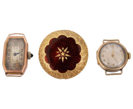 A enamelled watch case reverse converted to broochthe chased case with dark red enamel flower decoration and gold floral spra
