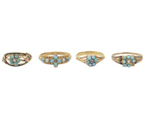 A Victorian pearl and turquoise 15ct gold ring and three othersthe former marked for Birmingham 1873, together with an early 