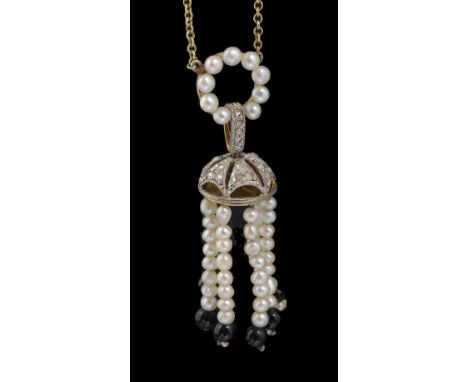 A delicate Art Deco diamond and pearl sautoir pendant drophaving pierced diamond set dome with small pearl tassel drops termi