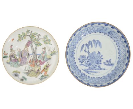 An early 19th century Chinese famille rose dish and an 18th century blue and white export dish first decorated with seated co
