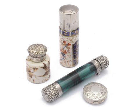 Three Victorian silver mounted scent bottles and a silver rouge potthe first double ended teal glass bottle hallmarked on the