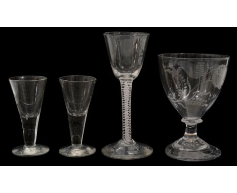 An 18th century drinking glass, plain funnel shaped bowl, with double series air and opaque white twist stem, conical shaped 
