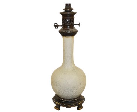A 19th century Chinese bottle vase, converted to a lamp, in celadon coloured crackle glaze, with ormolu metal mountsCondition