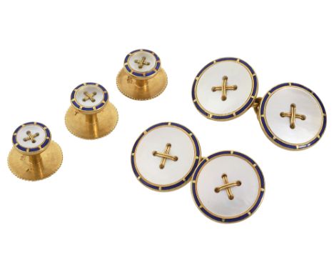 A mother of pearl, enamel and 18ct yellow gold dress set, comprising a pair of cufflinks and three shirt buttons, each circul