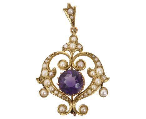 An Edwardian amethyst and seed pearl pendant, the 15ct yellow gold openwork scrolling design, centrally-set with a circular-c