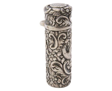 A late Victorian silver scent bottleLondon, 1893 by Sampson Mordan &amp; Co.of cylinder form, embossed with birds, flowers an