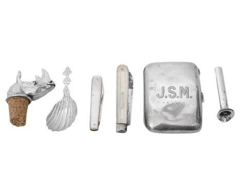 A William IV silver and mother of pearl folding pocket knife, a Victorian caddy spoon, a buttonhole posy holder, a cigarette 