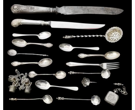 A selection of silver coffee spoons and other itemscomprising five Japanese coffee spoons, stamped Musashiya, with figural te