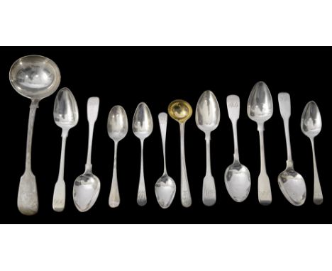 A William IV silver fiddle pattern sauce ladle and a selection of George III and later teaspoons etc.,first London, 1836 by M