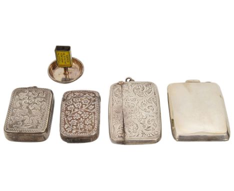 Three silver vesta cases, a silver matchbook case and a novelty miniature match holdercomprising an foliate engraved vesta wi