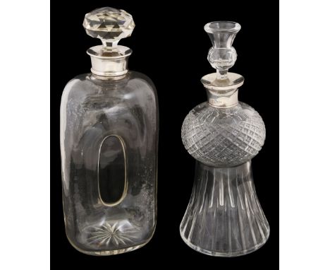 Two silver mounted Edwardian decanters first London, 1909, makers mark worn,  thistle shaped with strawberry diamond and mitr