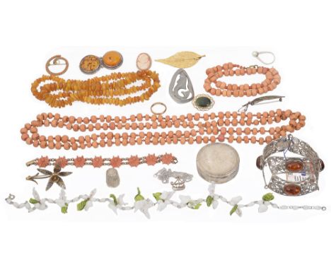 A selection of costume jewelleryto include a long coral bead necklace and another smaller, a Murano glass birds and leaves ne