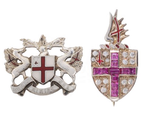 A City of London brooch and anotherthe silver shield set with pink stones (possibly synthetic rubies but untested) cross on a