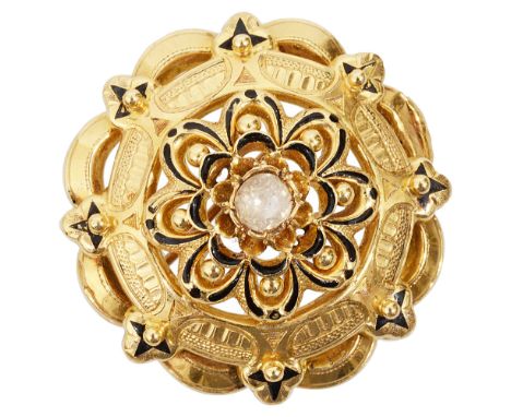 A mid Victorian yellow gold and black enamel brooch, the gold lobed and tiered openwork circular cluster decorated with engra