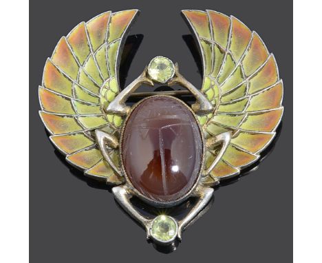 An early 20th century Continental Egyptian revival scarab broochhaving plique a jour enamel wings carved cabochon carnellian 