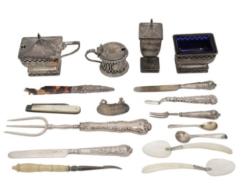 A collection of 19th century and later silvercomprising a William IV childs knife kings pattern knife and fork, Birmingham, 1