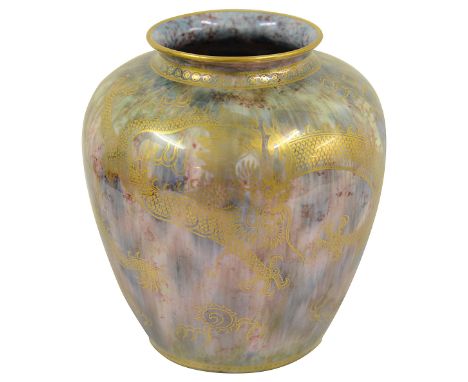 A Wedgwood Dragon Lustre vase, early 20th century, of baluster form, the mottled pink blue ground decorated with gilt dragon 