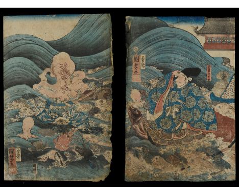 Utagawa Kuniyoshi (Japanese, 1798-1861)Two woodblock prints from the triptych Palace of the Dragon King:Ryugujo Tawara T_da H