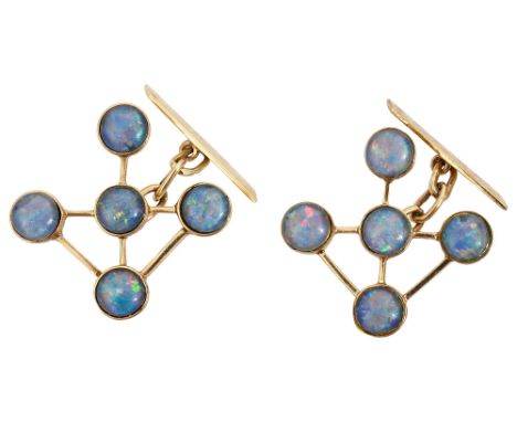 A pair of 9ct gold opal set cufflinkseach set with five circular opals in closed setting in a geometric design, chain and bar