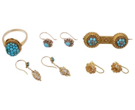 A small collection of Victorian and later turquoise set jewellerycomprising an Etruscan style turquoise and diamond double cl