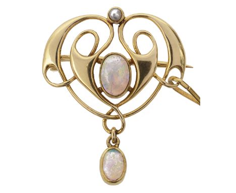 A delicate Merle Bennett gold mounted opal drop broochof open scroll design, having central oval opal and opal drop with sing