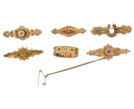 Five 9ct Victorian brooches together with a Victorian hinged scarf clip (6)total weight approximately 17gCondition: Some of t