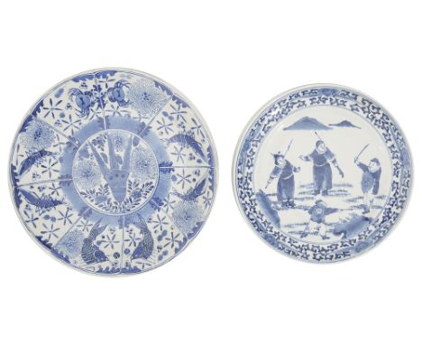 A 19th century Chinese blue and white plate and a dishfirst painted with four warriors within a border of scrolling foliage, 