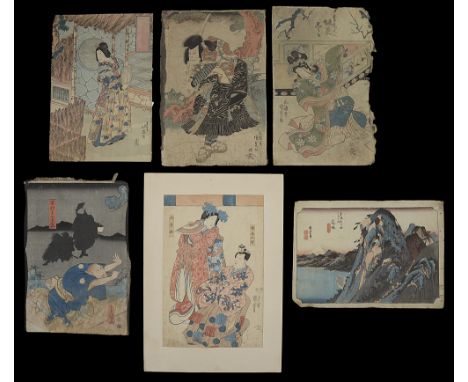 A collection of six 19th century Japanese Ukiyo-e woodblock prints, including; Utagawa Hiroshige (Japanese, 1797-1858), 'View