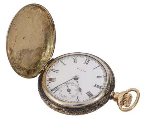 A full hunter keyless wound pocket watch by Elgin, the outer case with ornate engraved and stamped '14 US assay', the white e