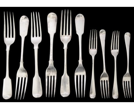 A matched set of six mostly William IV silver fiddle pattern table forks and four George III Old English pattern dessert fork