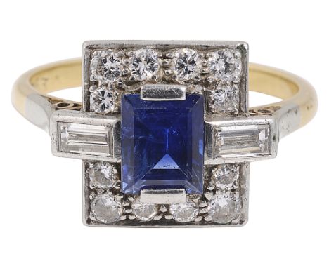 An attractive Art Deco style rectangular sapphire and diamond-set ringthe rectangular sapphire with a baguette diamond to eit