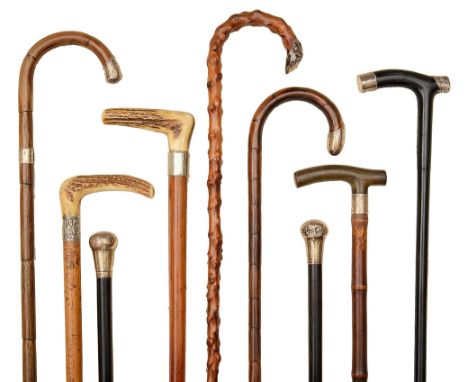 A collection of nine silver mounted walking sticks and canes, Victorian and later, comprising; two silver topped ebonised can