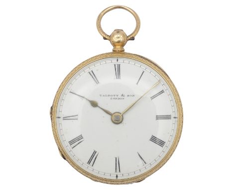 An 18ct gold Victorian open faced pocket watchthe enamel dial signed Talbot &amp; Son London, with Roman numerals, with engin