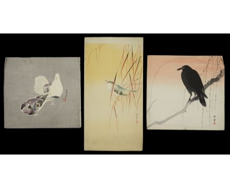 Three Japanese woodblock prints of birds c.1910the first Okuhara Seiki (1837-1918) crow at dusk, second Ogata Gekko (1859-192