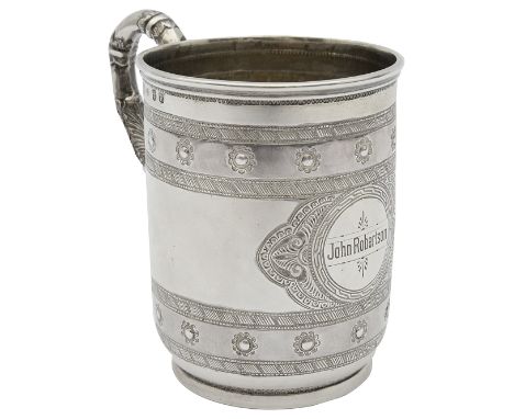 A Scottish Victorian silver christening mugGlasgow, 1876, possibly by James Reid &amp; Co., of cylindrical form on a circular