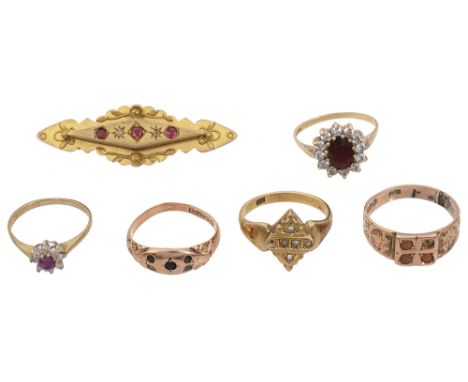 Five hallmarked 9ct yellow gold rings, including a ruby and single-cut diamond cluster; together with a 9ct yellow gold, red 