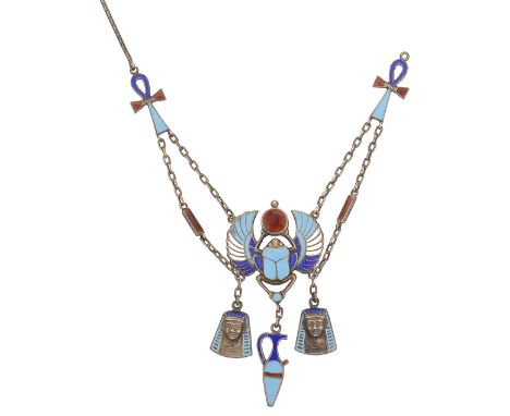 A Continental Art Deco Egyptian revival enamel necklaceof winged scarab design with Pharaoh and amphora drops, stamped .800 a