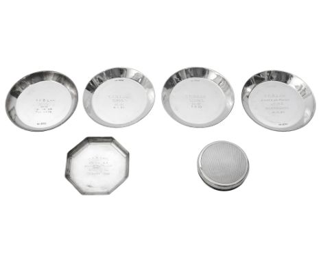 Five silver presentation ashtrays of which one is octagonal, London 1936 by H Philips, the others circular, together with an 