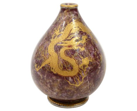 A small Japanese Satsuma vaseMeiji period by Kinkozan, Kyoto,of pear shaped form, the mottled mauve coloured ground decorated