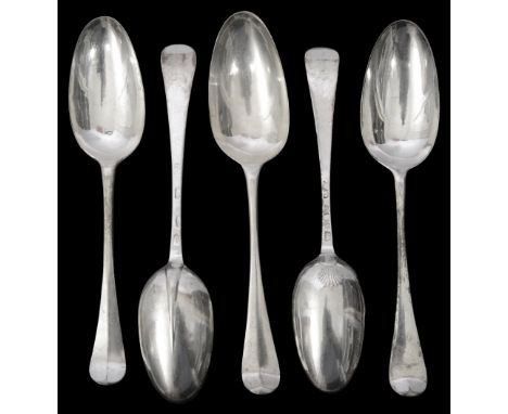 Five George I/II Hanoverian pattern silver tablespoons first a Britannia standard silver Hanoverian rattail tablespoon, Londo