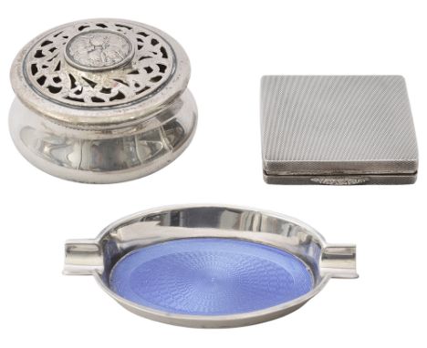 An Edwardian silver pot pourri pot, a silver and blue guilloche enamel ashtray and an engine turned silver compactfirst Londo