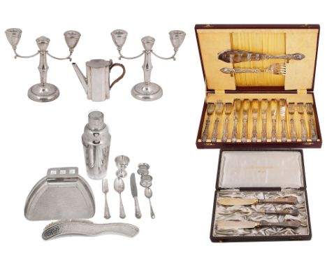 A small collection of silver and plated itemssilver items comprising a pair of filled two light candelabra, (one a/f), a case