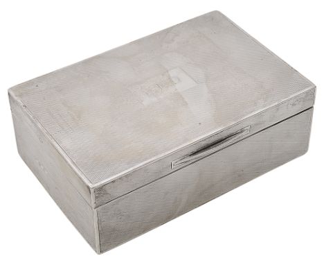 A George V engine turned table cigarette boxLondon, 1932, by Edward Barnard and Sons Ltdrectangular, the hinged lid with thum