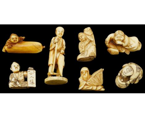 A collection of six Japanese Meiji period ivory netsuke and a okimonothe netsuke various carved as seated figures, unsigned, 