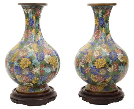 A pair of Chinese cloisonne enamel vases and a bowlfirst of lobed baluster form, millefiori decoration, on hardwood stands se