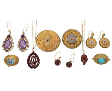A good collection of Victorian gold and other jewellerycomprising a coral set Etruscan style gilt brooch and matching earring