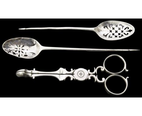 Two George III silver mote spoons and pair of scissor action sugar nipsfirst lion passant only, maker mark Elizabeth Tookey c