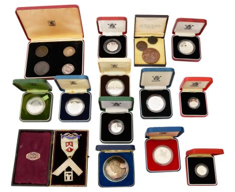 A cased Masonic silver jewel and a selection silver proof and other coinsfirst in the form of a set square suspended on a rib
