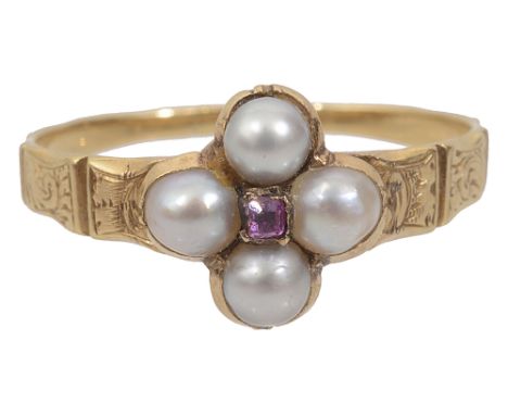 A delicate early Victorian split pearl and ruby ringhaving four half pearls and tiny ruby to centre, the yellow metal scroll 