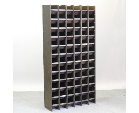 A set of vintage industrial metal shelves, bearing a label for Timson Bros, 92cm